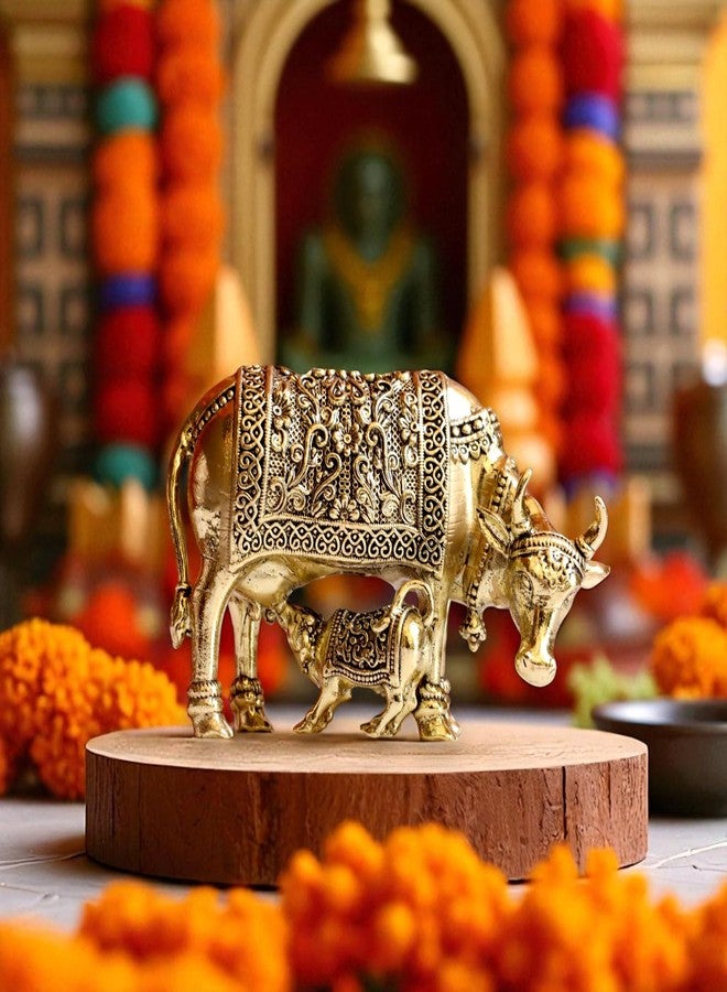 RAISOM Pure Brass Kamdhenu Cow with Calf Idol | Small Size Kamdhenu Gau MATA Sculpture for Showpiece, Temple, Gifting | Hand Engraved Design with Everlasting Shine | Height: 2", Weight: 120 GMS - Image 1
